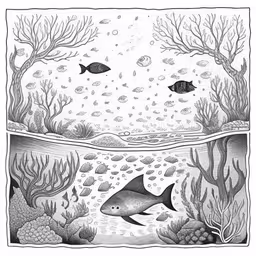 a drawing shows the ocean and underwater with fish in it