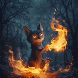a cat sitting on top of a fire filled forest
