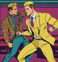 two men in suits with a red background,a man in yellow suit and tie with another man wearing a pink shirt