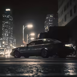 a black car driving down a street next to tall buildings