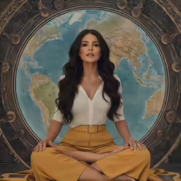 a woman is sitting in front of a map with her feet crossed
