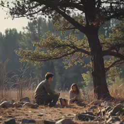 a man and a woman sitting near a tree