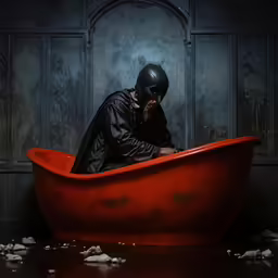 a batman sits in a red bathtub with his face obscured by a black mask