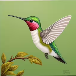 a painting of a hummingbird on a branch with leaves,hummingbird flying over a plant on a green background,hummingbird flying away from green background next to green leaves,a painting of a hummingbird that is flying by a branch,a painting of a hummingbird flying with the wings spread open