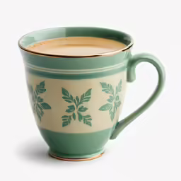 a green striped mug of coffee with leaves on it