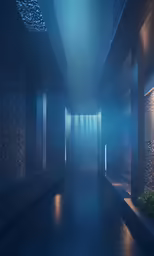a long hallway lit up with lighting and blue hues