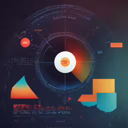 a screen shows different shapes and colors,various colored circles in a dark, circular background