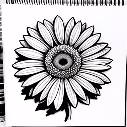 a black and white sunflower in a spiral notebook,a sunflower has been drawn on a paper