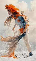 a female with orange hair running in the snow
