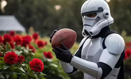 the storm trooper is holding a ball while wearing a helmet