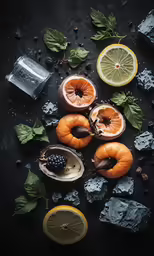 an oranges and other fruits are on a black surface