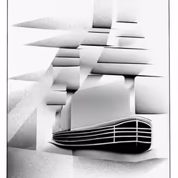 a piece of art depicting a boat on a surface that looks like paper