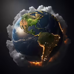 an illuminated earth surrounded by clouds and lightning