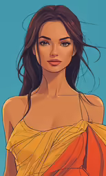 a girl with brown hair wearing an orange dress