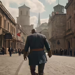 man walking down an old city street with lots of pedestrians