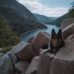 a dog on top of some rocks by water