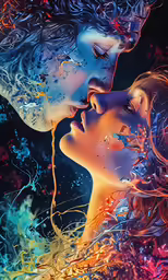 two people face to face with each other, with bright colors