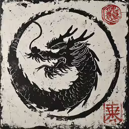 a dragon in the middle of an oriental style painting,the artwork is white with red accents and a dragon on it
