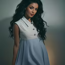 a woman in a dress is posing for a portrait