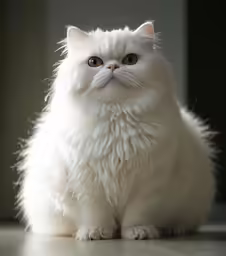 a white fluffy cat with green eyes sits on a shiny surface
