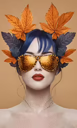 a woman wearing sunglasses with leaf shaped hair