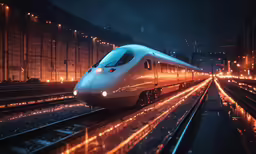 a modern high speed train running on a track at night