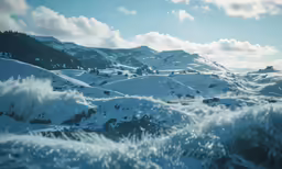 the snow covered hills and mountains are a blue hued landscape