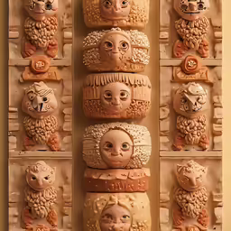 a number of clay heads with many other faces