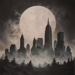the dark city by moonlight with many fog on the ground