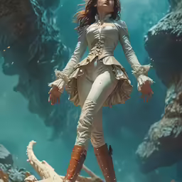 woman in white with a strange hat and clothes, in water