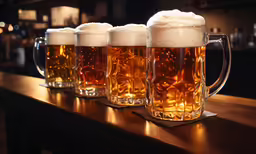a group of three beer mugs on top of a bar