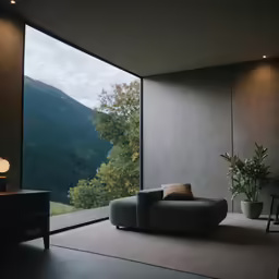 a view of the mountains through an office lobby window