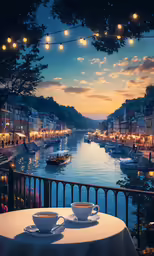 a couple of cups sitting on top of a table next to a river