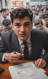 a man sitting at a table in front of a pile of paper