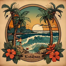 a beautiful hawaiian themed sign hanging in front of an ocean,an image of hawaiian artwork done with a circle frame