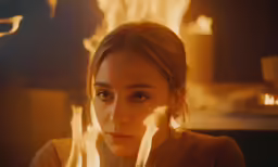 a woman standing in front of a fire that is shining