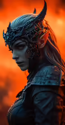 a woman with an intricate horned headpiece is standing against the background of orange clouds
