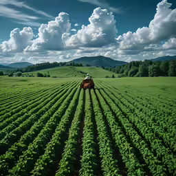 a large green field that has a vehicle driving around it