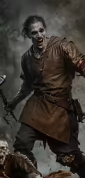 the character is coming down the hill with an ax in his hand