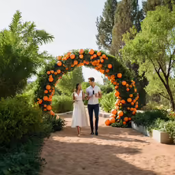 a newly married couple walking down the road towards an orange arch