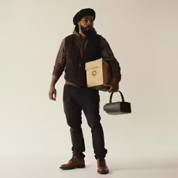 a man holding a black box with a dog in it
