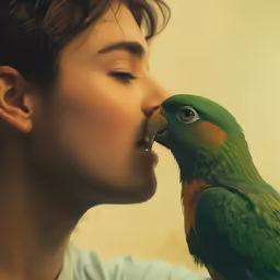 a woman kissing a bird on top of her face