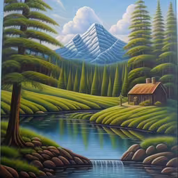 painting of mountain lake surrounded by trees and small cabin,a painting shows a scenic mountain view with trees