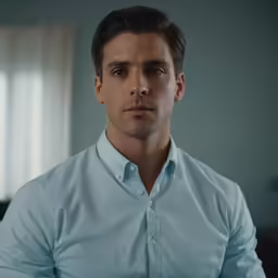 a young man poses in a light blue dress shirt