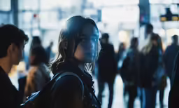 a woman looks up with people in the background