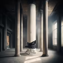 a black and white photo of a chair among tall columns