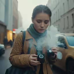the woman is smoking cigarettes while holding her camera