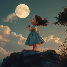 a cartoon doll standing on top of a large rock