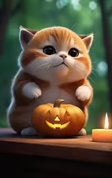 the little kitten sitting on a table is next to the pumpkin