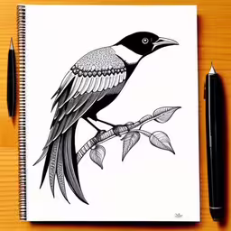 a drawing of a bird perched on a branch,black and white bird perched on a tree branch